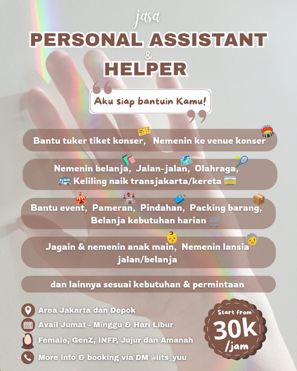 iits_yuu's tweet photo. Guys kalo weekend lagi butuh teman bantu, aku buka jasa Personal Assistant & Helper Weekend yaa ☺️
📍Area Jakarta & Depok (BoTaBek yg dijangkau transum)
📅 Avail setiap Jumat - Minggu & hari libur
💸 Start from 30k/jam
📩 Boleh tanya-tanya via DM
#helper #jakarta #zonauang https://t.co/XhtwrOwuss