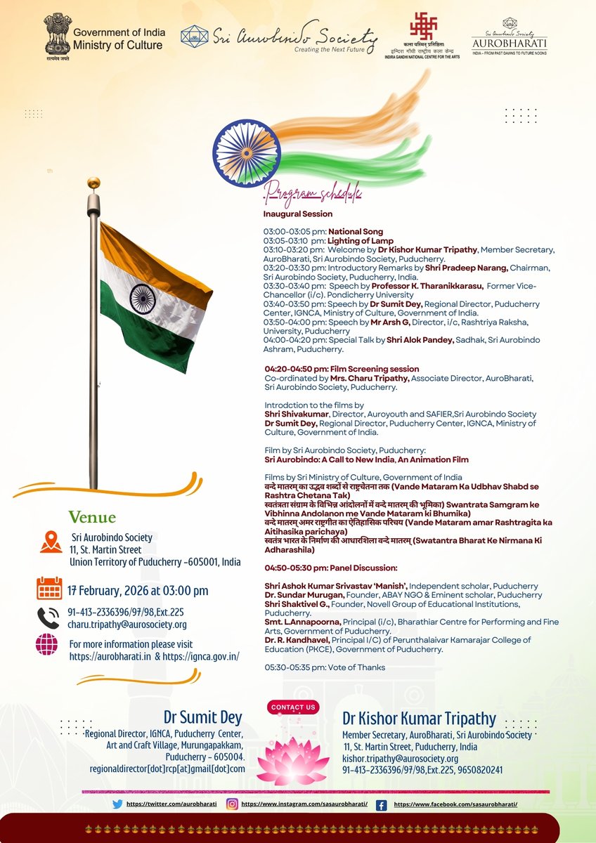 As a mark of celebrating the150 years of India's iconic National Song, #VandeMataram, composed by #BankimChandraChatterjee, #AuroBharati,Sri AurobindoSociety, Union Territory of Puducherry, in collaboration with the Indira Gandhi National Center for the Arts, Puducherry.