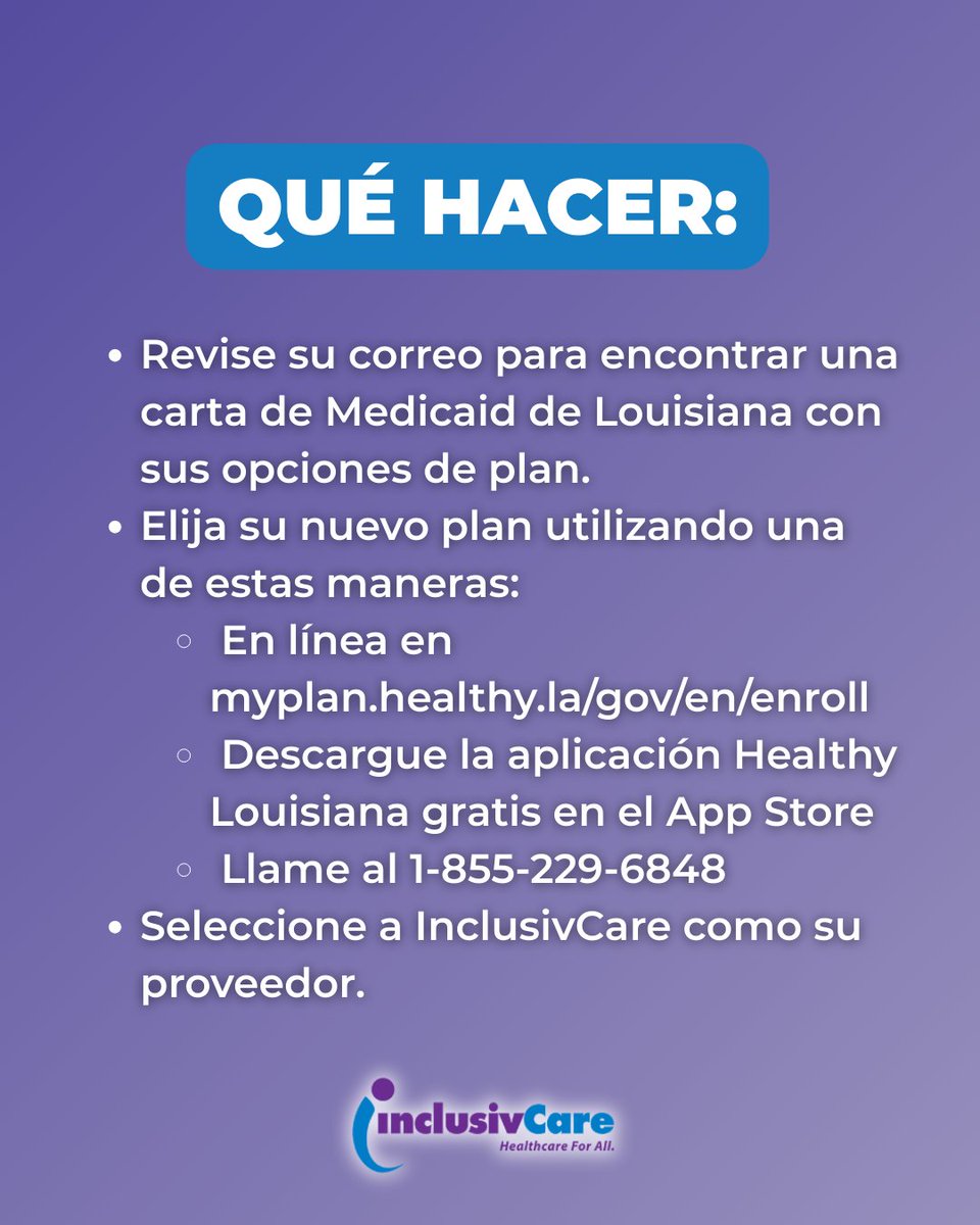 ¡Mañana es la fecha límite! Si aún no ha elegido su nuevo plan de Medicaid, ahora es el momento.

No espere. No deje que le asignen uno. ¡Elija InclusivCare! 💙

Comience el proceso ahora: inclusivcare.com/medicaid-faq

#InclusivCare #CommunityCare #NOLA #Westbank #Eastbank