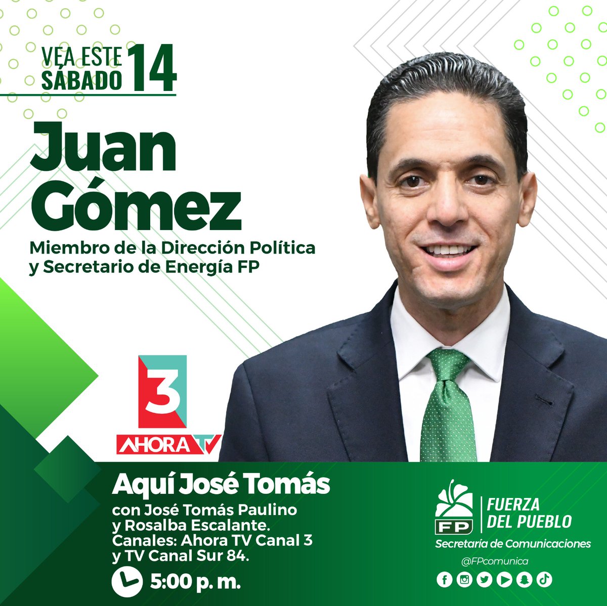 Entrevista🎥📷: Ing. Juan B. Gómez, Miembro de la Dirección Política, Secretario de Energía <a href="/EnergiaFP/">Secretaría de Energía FP</a> vocero del partido Fuerza del Pueblo <a href="/FPcomunica/">@Fuerza del Pueblo (FP)</a>

Fecha🗓️: Sábado 14 de febrero de 2026

Hora⏰: 5:00 pm

Programa 📷: 3 Ahora

Emisora 🎥: Ahora TV Canal 3, TV Canal Sur 84