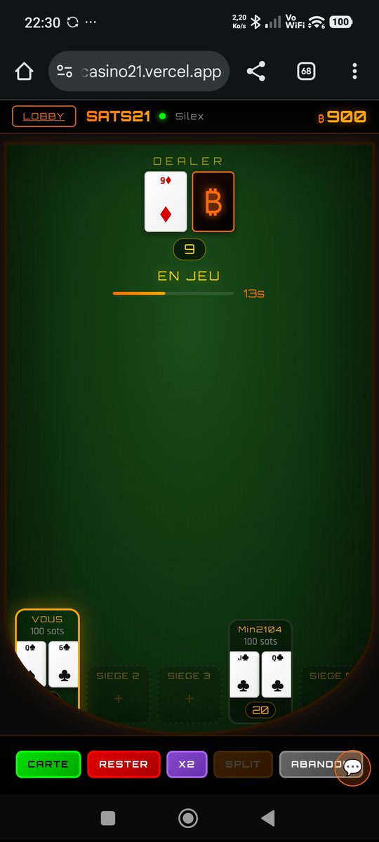 ⚡ Bitcoin degens : Lightning Blackjack 21 est live🚨
Pseudo → 100 sats mini dépôt → table solo ou multi en 10 sec → quitte et withdraw quand tu veux.
NO KYC. NO bullshit. 
Pure sats on Lightning ⚡
Trop faible pour stacker ? 😈🃏