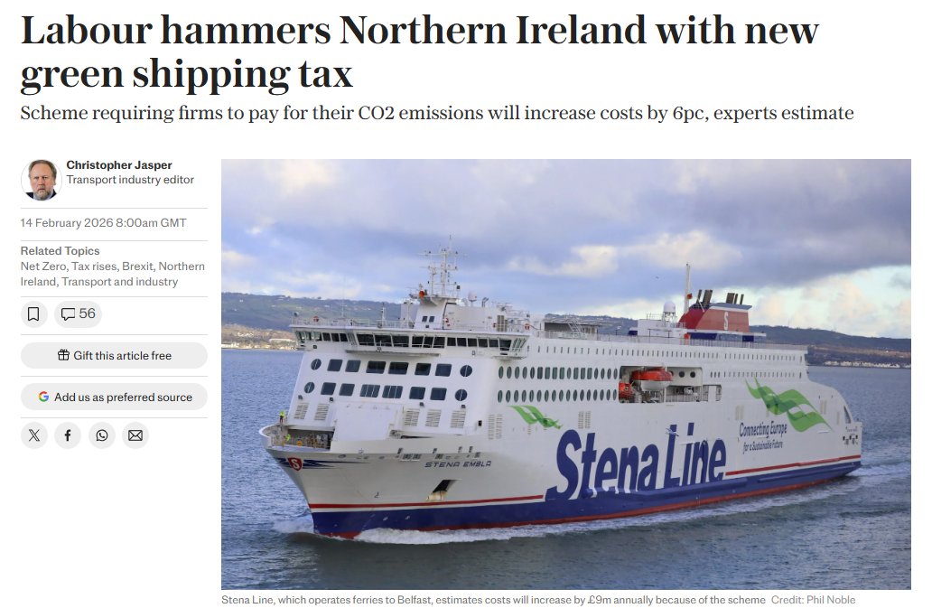The latest new tax: a shipping tax that will put up Northern Ireland Ferry prices by 6%.

Stena Line, which operates multiple ferry routes to Belfast, says that the tax will increase its costs by £9m annually, £15 for each vehicle carried.

Unlike other ferry routes Northern