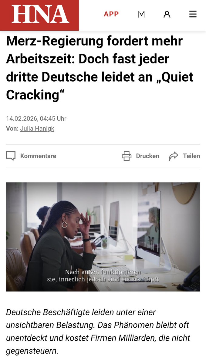In der Debatte um Mehrarbeit fehlt eine Stimme: die der Arbeitnehmenden. 
Laut einer Studie der ist gut jede dritte Person innerlich bereits zerbrochen. Angst, Dauerstress und politisch-medialer Druck treiben Krankenstände weiter nach oben.
#QuietCracking
hna.de/verbraucher/an…