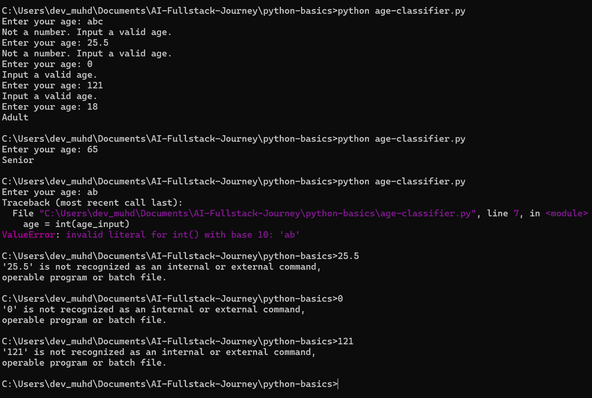 dev_muhd's tweet image. Day 2 — Control Flow Discipline

Broke my age classifier.
Hit ValueError.
Fixed it with proper validation.

Learned control flow:
while, continue, not, .isdigit(), .strip()

Break. Observe. Fix.

#Python #BuildInPublic #100DaysOfCode #DevJourney