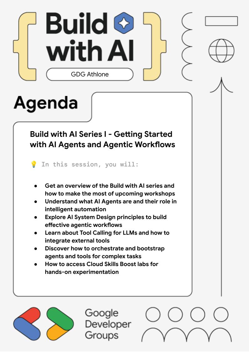 GdgAthlone's tweet photo. 🚀 Join GDG Athlone for Build with AI Series I: Getting Started with AI Agents &amp; Agentic Workflows!

📅 Feb 23 | 🕕 6-7 PM GMT | Virtual
Learn AI system design, tool calling for LLMs &amp; hands-on Cloud Skills Boost labs
🎟️ RSVP now

#BuildWithAI #GDGAthlone #AIAgents #GoogleCloud https://t.co/xfNT3JBPjT