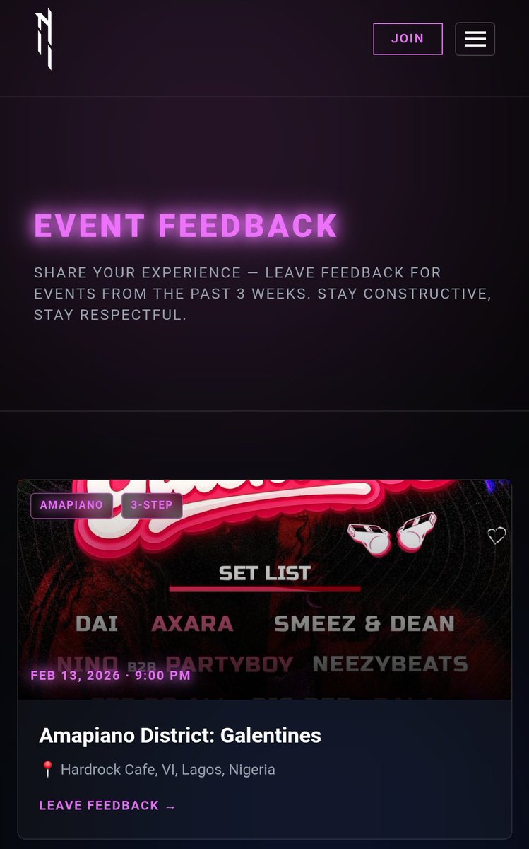 The feedback section is active on <a href="/NocturneMusicNG/">Nocturne Music 🇳🇬</a>
Website.

So after every rave you attend, you can go put out thoughts be it positive, or what you think the organisers need to improve upon, as we move forward, growing as a community.
nocturnemusic.ng/feedback