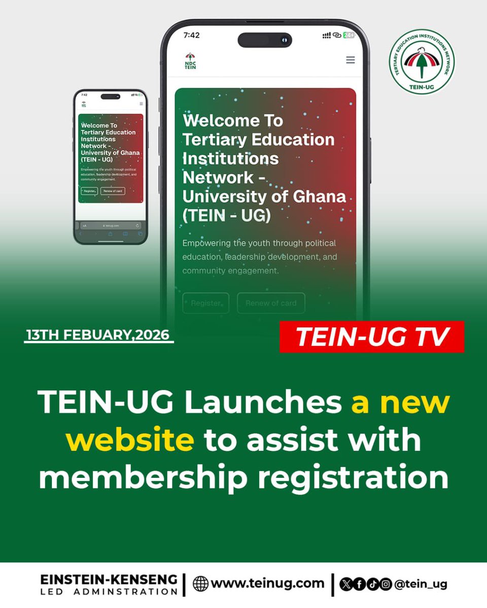 TEIN-UG OFFICIALLY LAUNCHES A NEW WEBSITE‼️‼️

TEIN-UG has officially launched a new website to make membership registration simple, fast, and accessible to all students.

Members can register and renew their cards conveniently online.
Visit teinug.com to register 🫵