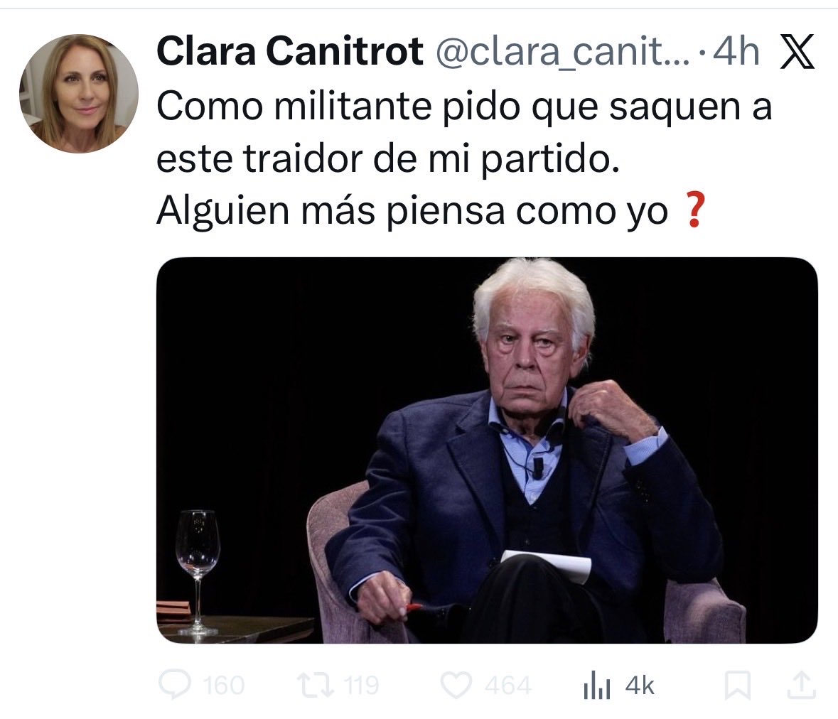 Este es el ejemplo del socialista actual: no son demócratas, no aceptan la discrepancia ni el diálogo ni el debate. Sólo la voz de su Amo, el resto al destierro. Y bloquea en tuit para que nadie replique.
“O estás conmigo o eres facha”