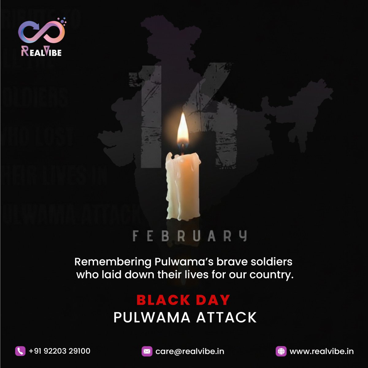 RealVibedigital's tweet photo. We remember the brave hearts of Pulwama who sacrificed their lives for our nation. 🇮🇳🕯️
Your courage and love for India will never be forgotten.
Salute to the martyrs. Always remembered.
.
.

#RealVibe #PulwamaAttack #BlackDay #IndianArmy #IndiaRemembers https://t.co/Ne6qx6rJWt