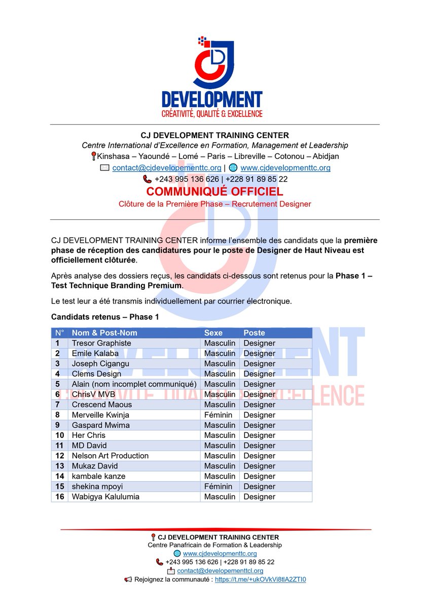 l_jimanel's tweet photo. La première phase du recrutement Designer est clôturée et les candidats retenus ont reçu leur test technique.

📎 Communiqué @CjDevelopmentTC https://t.co/yYWe3WjpfD