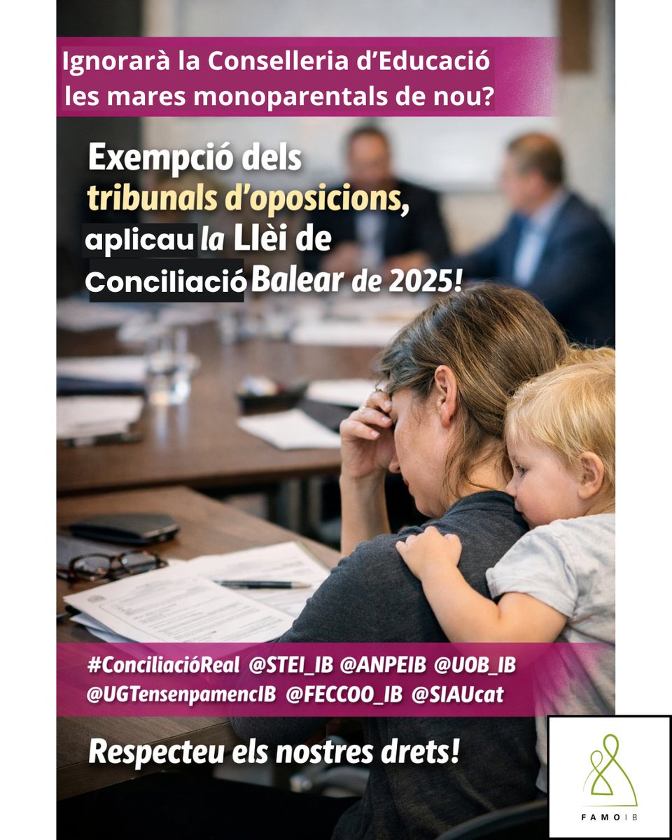 FAMOIB's tweet photo. Com cada any, ens preguntem: la Conselleria d’Educació escoltarà o tornarà ignorar les demandes de les monoparentals perquè estiguin exemptes de formar part dels tribunals d’oposicions si no poden conciliar?
@edun_ib @STEI_IB @ANPEIB @UOB_IB @UGTensenyamentIB @FECCOO_IB @SIAUcat https://t.co/3zcL1UpIYi
