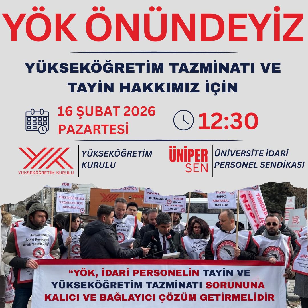 Üniversite idari personelinin yükseköğretim tazminatı ve tayin sorunlarının çözümü için verdiğimiz mücadeleyi büyütmeye devam ediyoruz. 👇
16 Şubat saat 12:30'da YÖK önünde eylemdeyiz. 
<a href="/unipersen/">ÜNİPERSEN</a> <a href="/YuksekogretimK/">Yükseköğretim Kurulu (YÖK)</a> <a href="/erolozvar/">Erol Özvar</a>