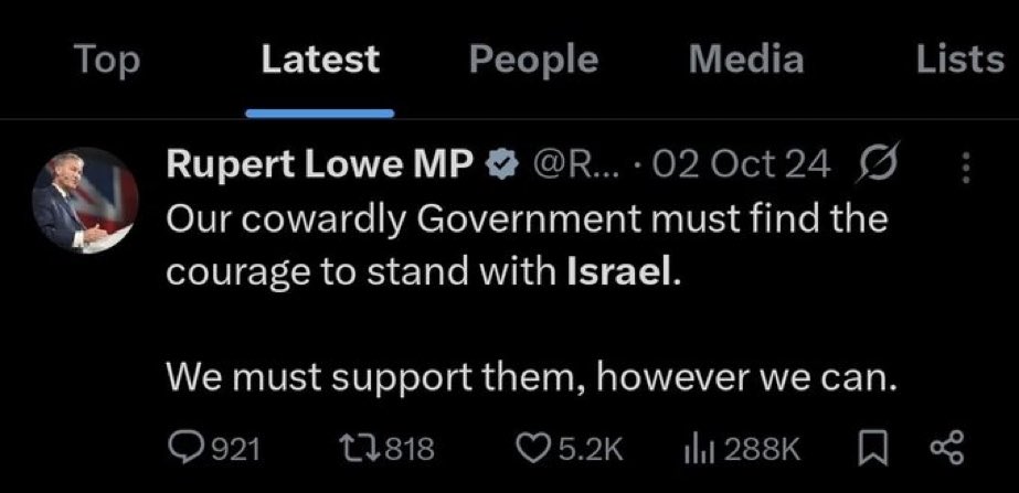 Dear <a href="/RupertLowe10/">Rupert Lowe MP</a> 

We know you’re owned by Israel 

Like Starmer 

Like Farage 

Like Badenoch 

The British people do not want another Israel First government 

Period. 

#RestoreBritain