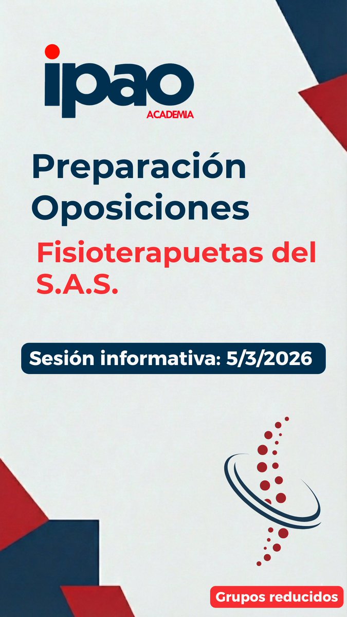 🎯 ¿Quieres preparar las oposiciones de Fisioterapeutas del S.A.S.?
No te pierdas nuestra sesion informativa
📆  5/3/2026
💻 Modalidad: Online 
Te contaremos cómo trabajamos, temario, metodología y resolveremos todas tus dudas.
ipao.online/sesion-informa…