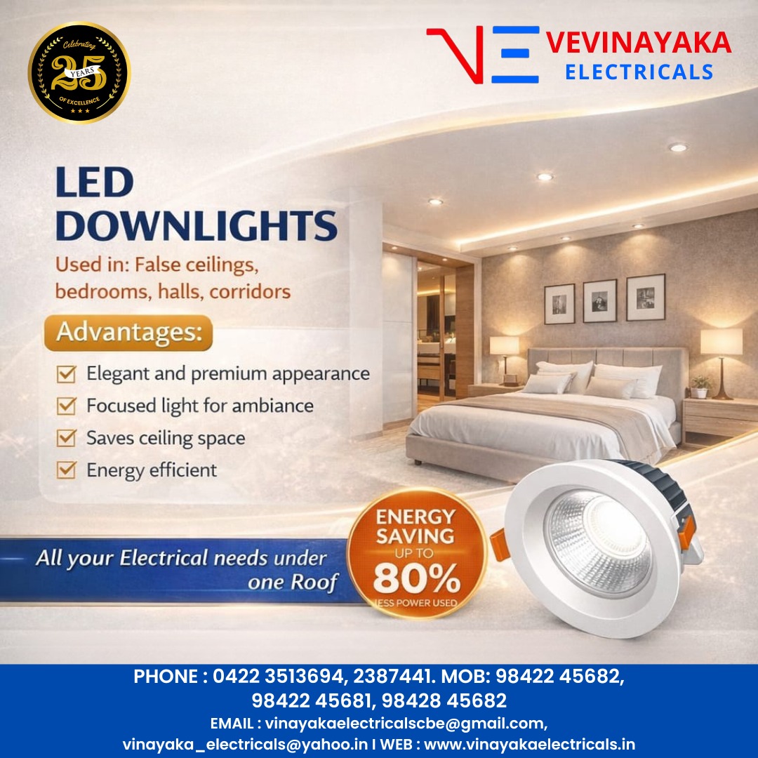 Vinayakaelctric's tweet image. Modern projects demand smarter lighting.LED Downlights offer:
✔ Premium finish
✔ Focused ambient lighting
✔ Space-saving design
Partner with Vinayaka Electricals for reliable project supplies.#LEDDownlights #EnergyEfficient #ElectricalSupplies #Builders #Architects
