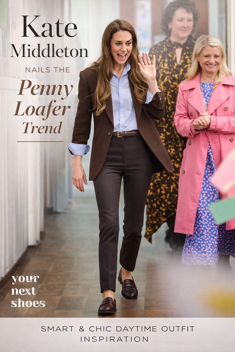 Kate Middleton steps out in a tailored brown suit, crisp blue shirt, and classic Boden penny loafers—an elegant, wearable take on royal daywear. 👞
🔗 yournextshoes.com/kate-middleton…