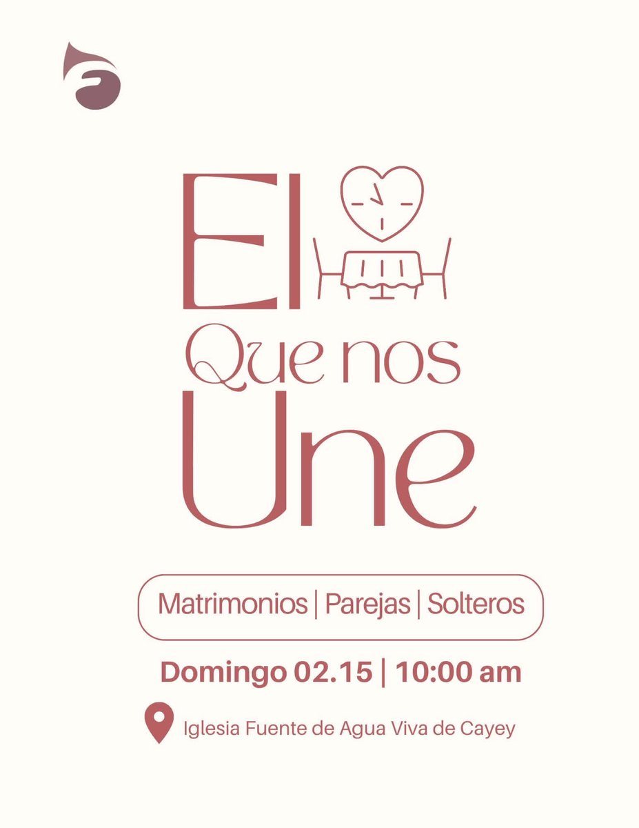 🤍 El amor que nos une
Un encuentro especial para matrimonios, parejas y solteros.
🗣️ Luego de la Palabra,
te invitamos a quedarte y disfrutar de
🤍 una dinámica especial y
🍰 entremeses para compartir,
en un ambiente alegre y lleno de amor.
📅 Domingo 15 de febrero | 10:00 a.m.