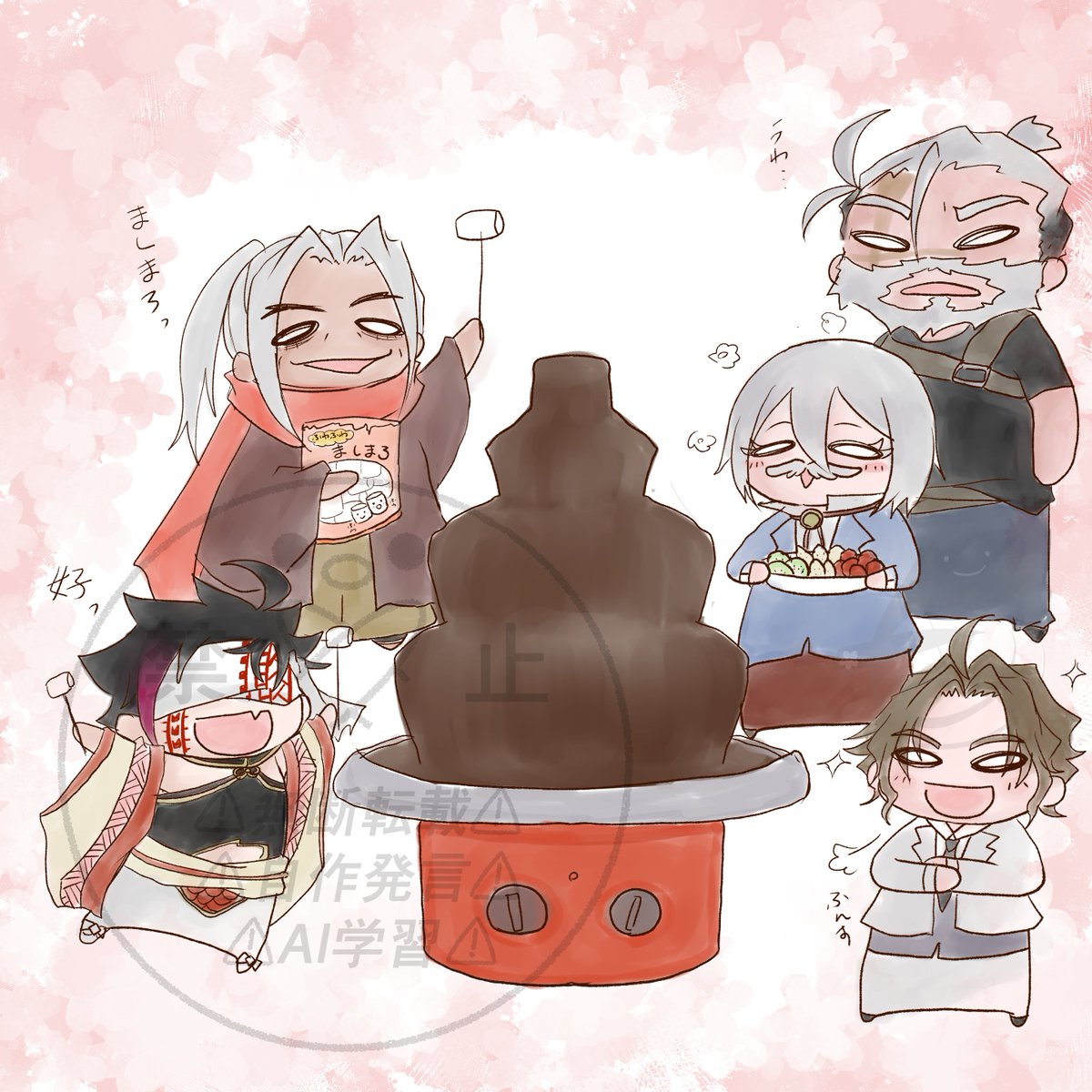 💡「どやぁっ！」
✂️「Excellent！フルーツカットしてきました」
⚔️「マシュマロもあるよぉ」
👑「好っ✨それにしてもでかいなっ！」
🛡️「おぉ…すげぇな」
💡「はっぴぃばれんたいんだぞっ！」