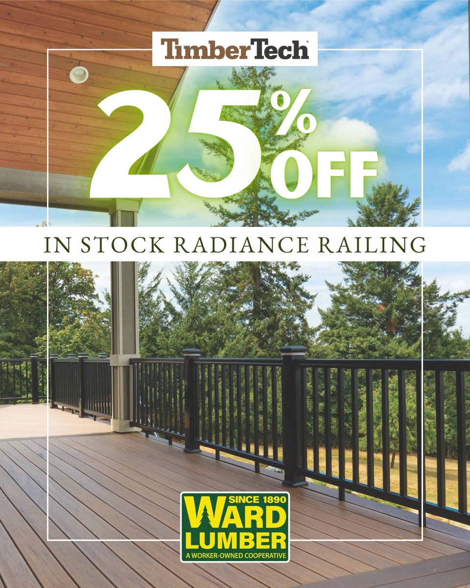 It might be cold out there right now but outdoor living is right around the corner. 😎 Plan a TimberTech deck at Ward Lumber, and save 25% off in-stock Radiance Railing. 🎨

#WardLumberStrong #WorkerOwned #ShopLocal #ADK #NorthCountry
