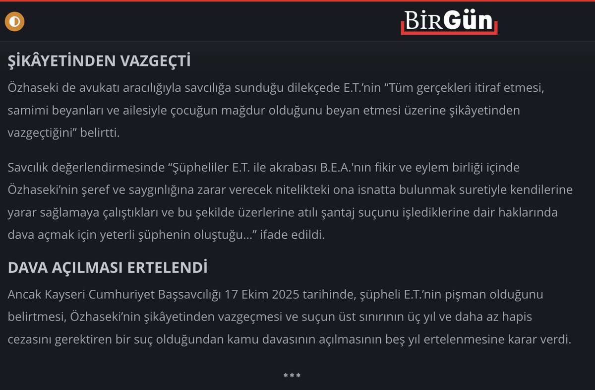 Bir kadın AKP'li Mehmet Özhaseki'yi "kaset" şantajı yapmış. Özhaseki ciddiye alıp görüşmüş. Ardından tutuklatmış. Sonra vicdana gelip şikayetini çekmiş. Kadın da "kaset falan yok" demiş. Mesele CHP olunca çarşaf yazan Havuz sıra AKP'ye gelince niye lal kesilmiş. <a href="/ismailari_/">İsmail Arı</a>
