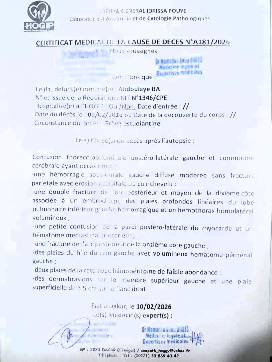 Le procureur:"les éléments disponibles ne corroborent pas les rumeurs faisant état de violences physiques exercées sur la victime"
Certificat médical:Coups et blessures,hémorragie interne,destruction organes vitaux. 
Mdr si ce n'est pas des violences physiques, c'est quoi?HONTEUX
