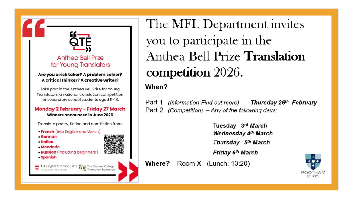 The MFL department invites Bootham School students to participate in the Anthea Bell Prize Translation Competition 2026 run by The Queen’s College University of Oxford/ The Queen’s College Translation Exchange.