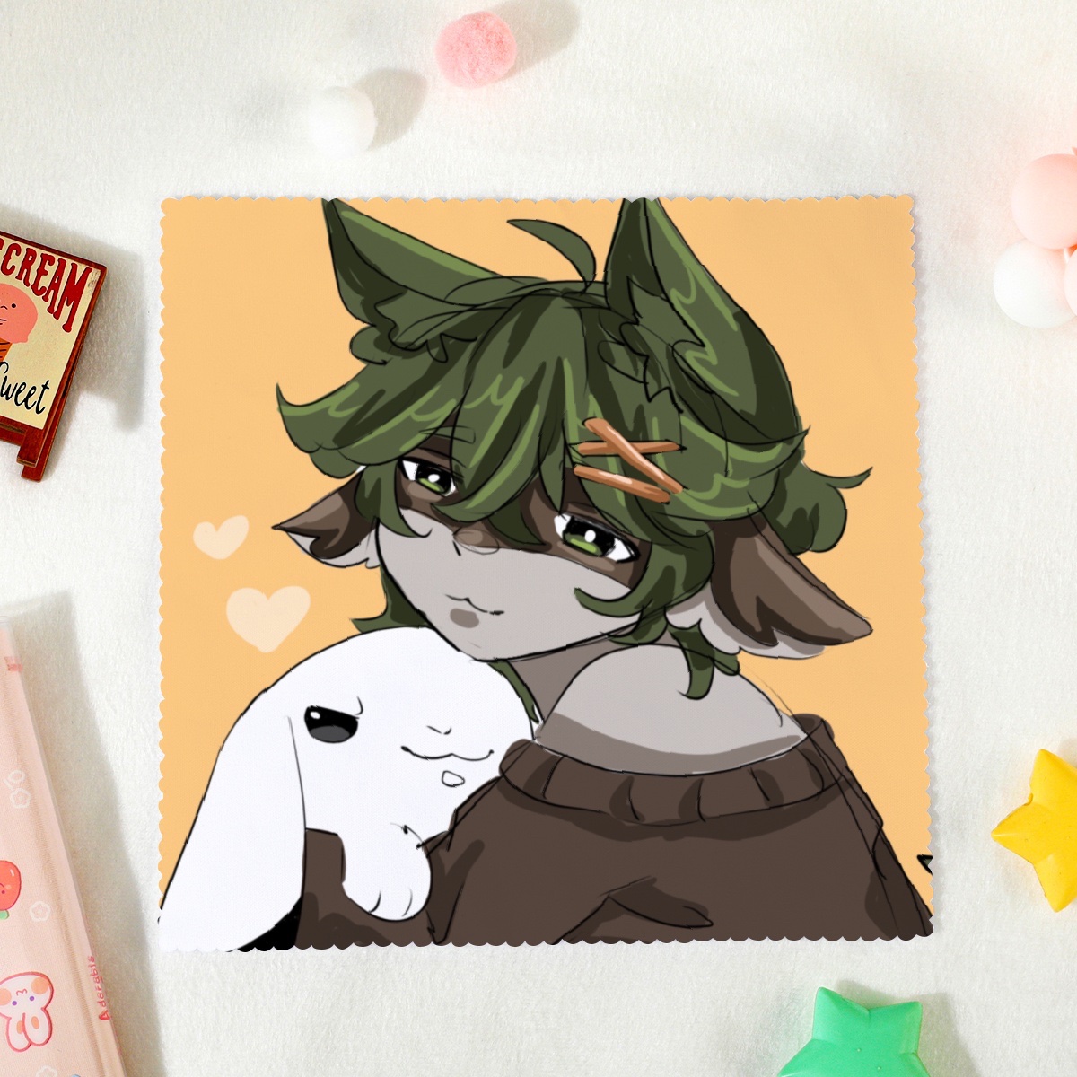 FrumpyFox's tweet photo. I made some new merchandise including a glass cloth, standee, keychain, and a soft textured plush pin https://t.co/5M7udebgh9