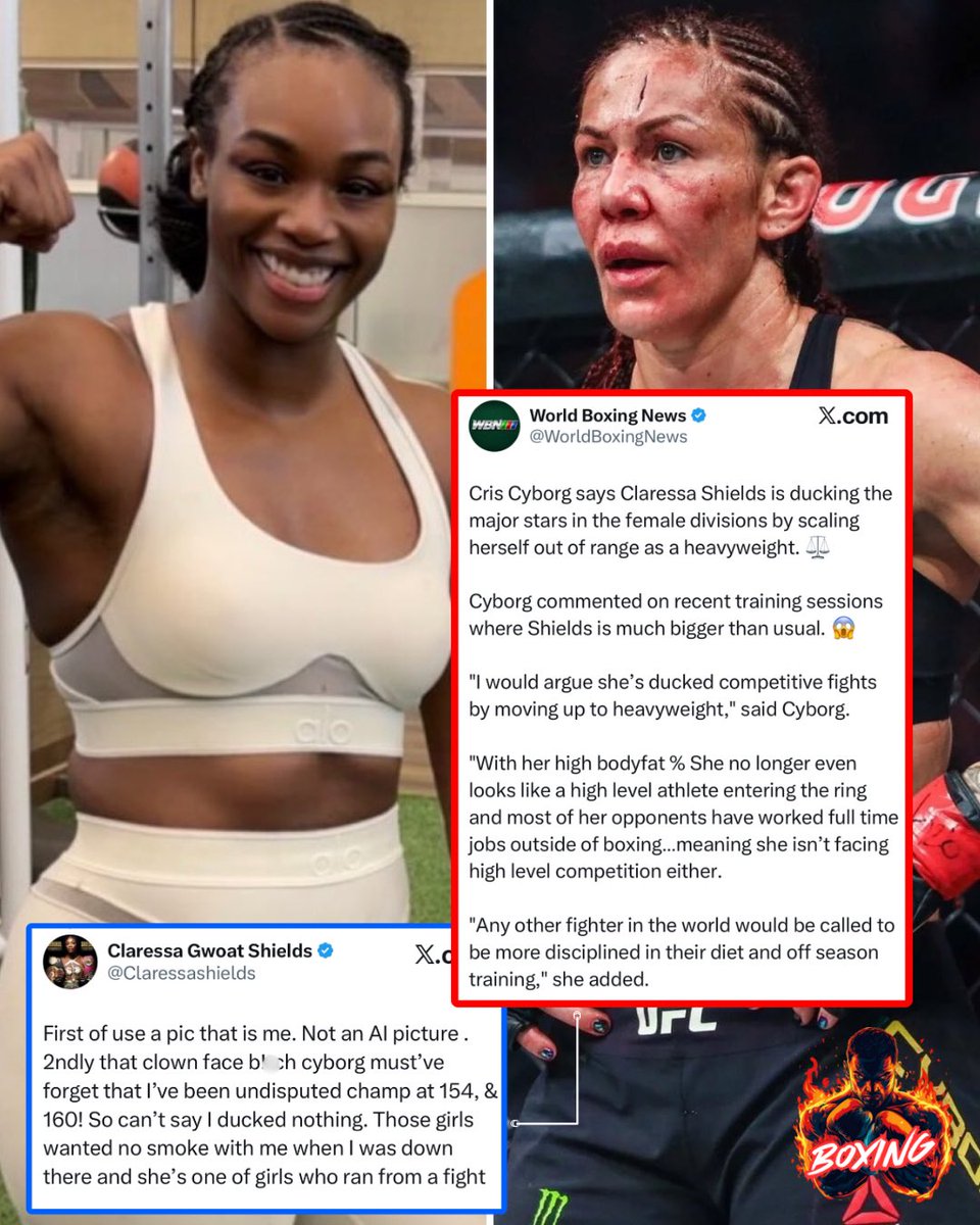 boxingboxingg's tweet photo. ‼️ Cris Cyborg says Claressa Shields DUCKED competitive fights by moving up to heavyweight; says with her high body fat percentage she no longer looks like a high level athlete… Claressa responds 👀😬 #boxing https://t.co/6WlzqZBU8h