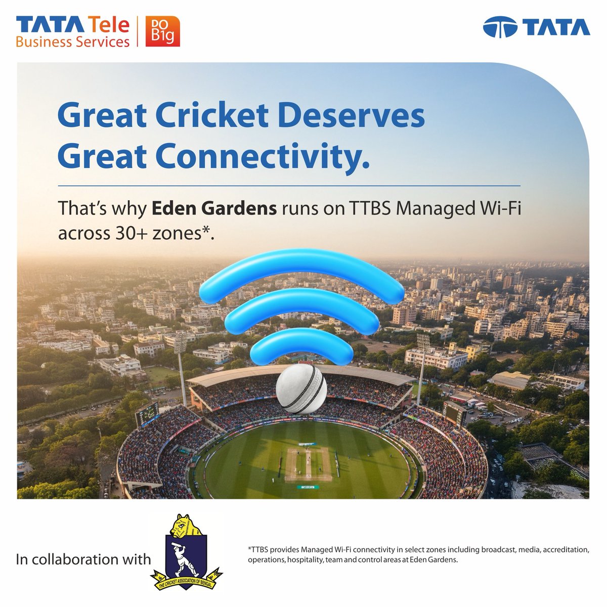 TataTeleBiz's tweet photo. Great cricket deserves great connectivity.
 At Eden Gardens, we’re proud to collaborate with @CabCricket to power smarter match-day experiences with seamless Managed Wi-Fi across key stadium zones.
 
#DoBig #TataTeleBusinessServices #ConnectedVenues #EnterpriseWiFi #DigitalTransformation #SmartConnectivity #StadiumTech