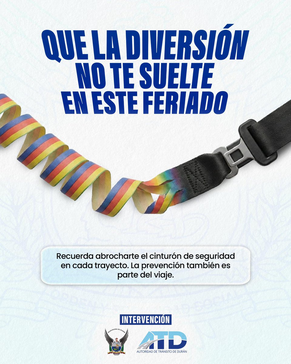 Que los recuerdos del feriado sean risas… no arrepentimientos.

La diversión también necesita cuidado.
Abróchate el cinturón en cada trayecto y protege lo que más importa: tu vida y la de los tuyos.
