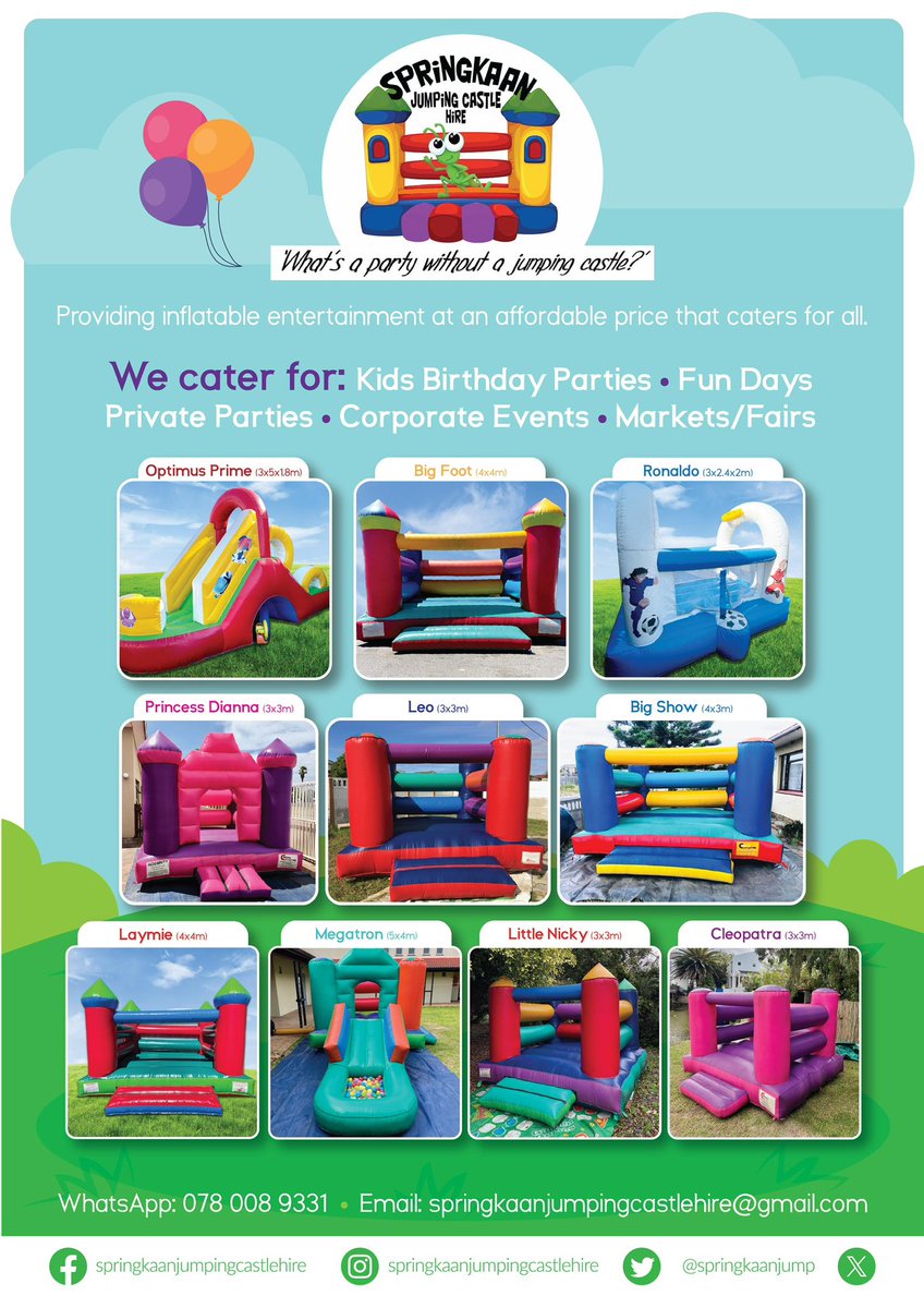 springkaanjump's tweet photo. HAPPY SATURDAY🎉🎊 ☀️ 

It’s PARTY TIME!!!!🎈🎂🍭🏰 🥳

Cleaned, Sanitized &amp; ready for the party! ✅

Thank you for choosing Springkaan 
❤️💚💙🧡💜💛🩷

#jumpwithSpringkaan https://t.co/4s6UWaNBkZ