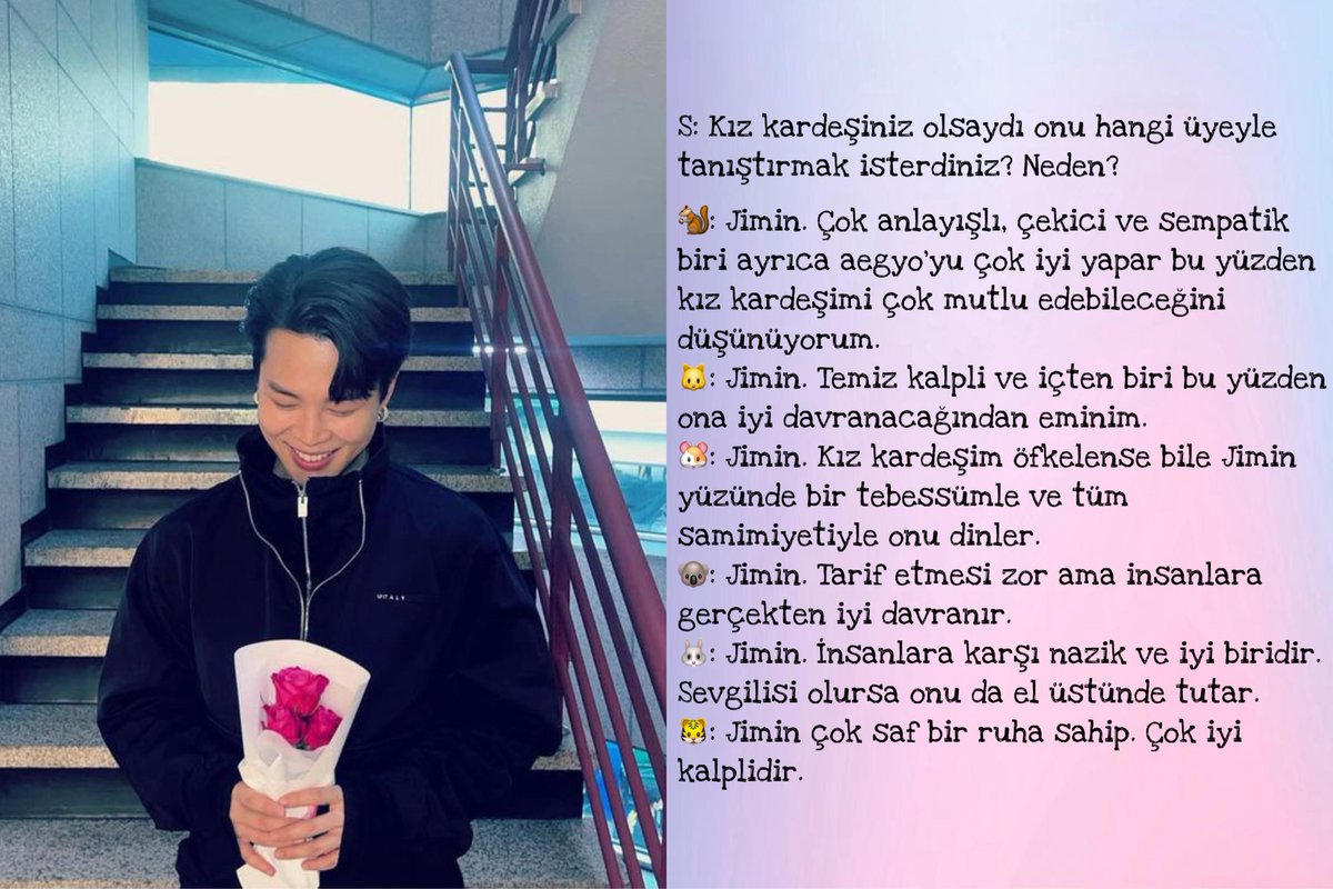 Kız kardeşiniz olsaydı onu hangi üye ile tanıştırmak isterdiniz sorusuna tüm üyeler JIMIN yanıtını vermişti. Ne de olsa ulusun boyfriend'i 🌸💓 

OUR VALENTINE JIMIN