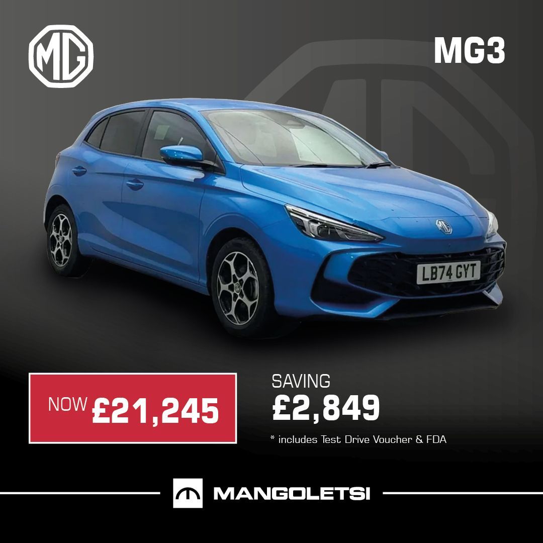 The MG3 delivers sharp styling, impressive efficiency and outstanding value and now it’s available at an exceptional price.

Now just £21,245, representing a saving of £2,849, including a Test Drive Voucher and FDA.