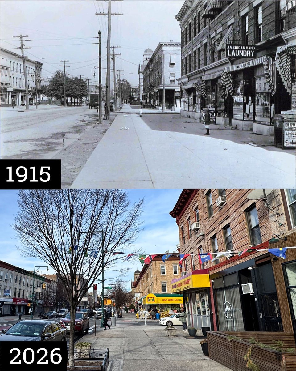 #ThenAndNow: Streetscape of Nostrand Ave, showing 1127–1105 (btw Midwood &amp; Maple). Built in 1908 by Bloomgarden &amp; Meziroff, designed by Robert T. Rasmussen—now home to LABAY Markets, Allan’s Bakery &amp; more! #prospectleffertsgardens #History #flatbush