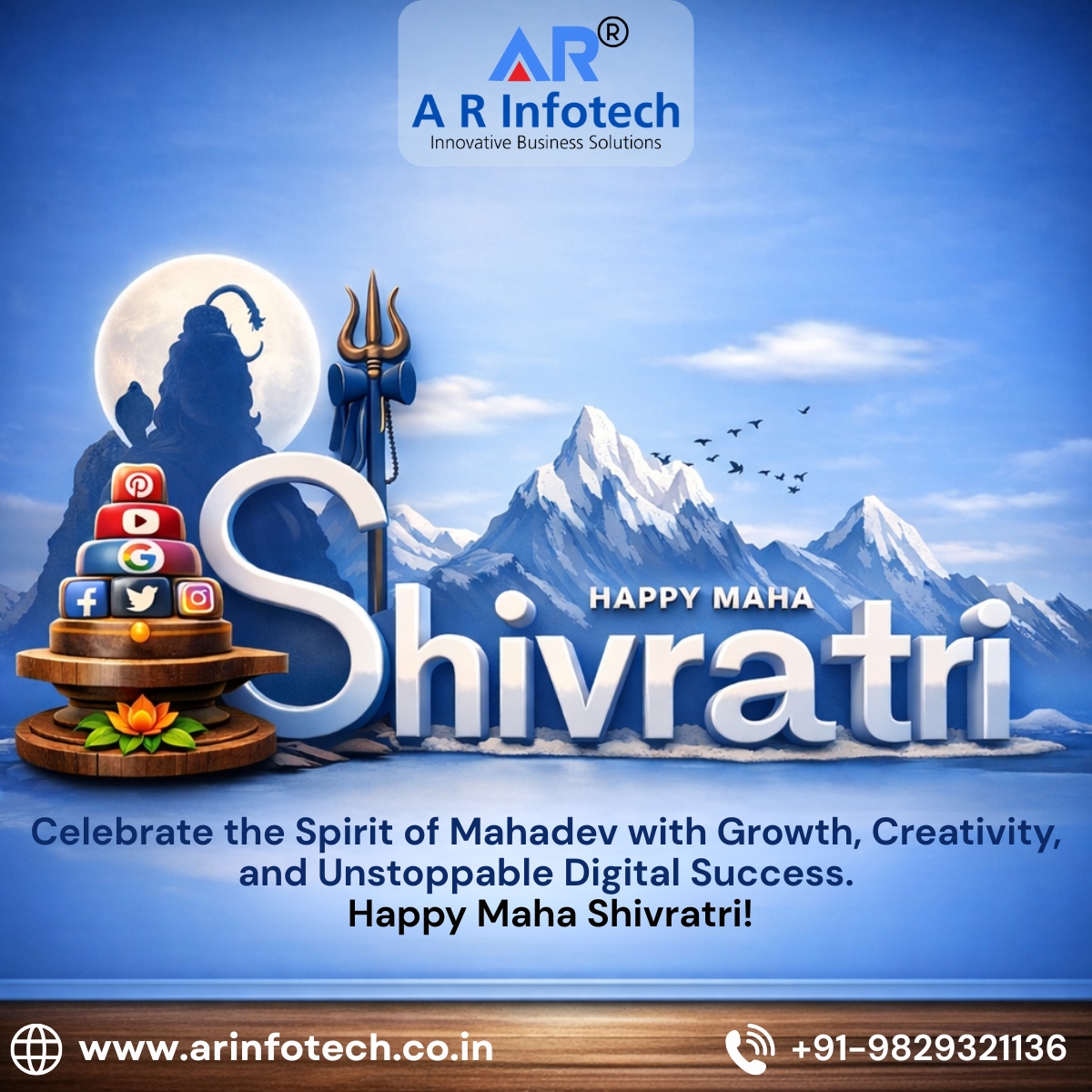 ARInfotech's tweet photo. May Lord Shiva’s blessings remove all obstacles and bring prosperity, success, and eternal peace into your life. 🙏💫
Let his divine light guide you toward your highest purpose. 🕉️✨
.
.
.
#Mahashivratri2026 #LordShiva #HinduFestival #Spirituality #Divine #Devotion #FestiveVibes https://t.co/kq30mQCvlF