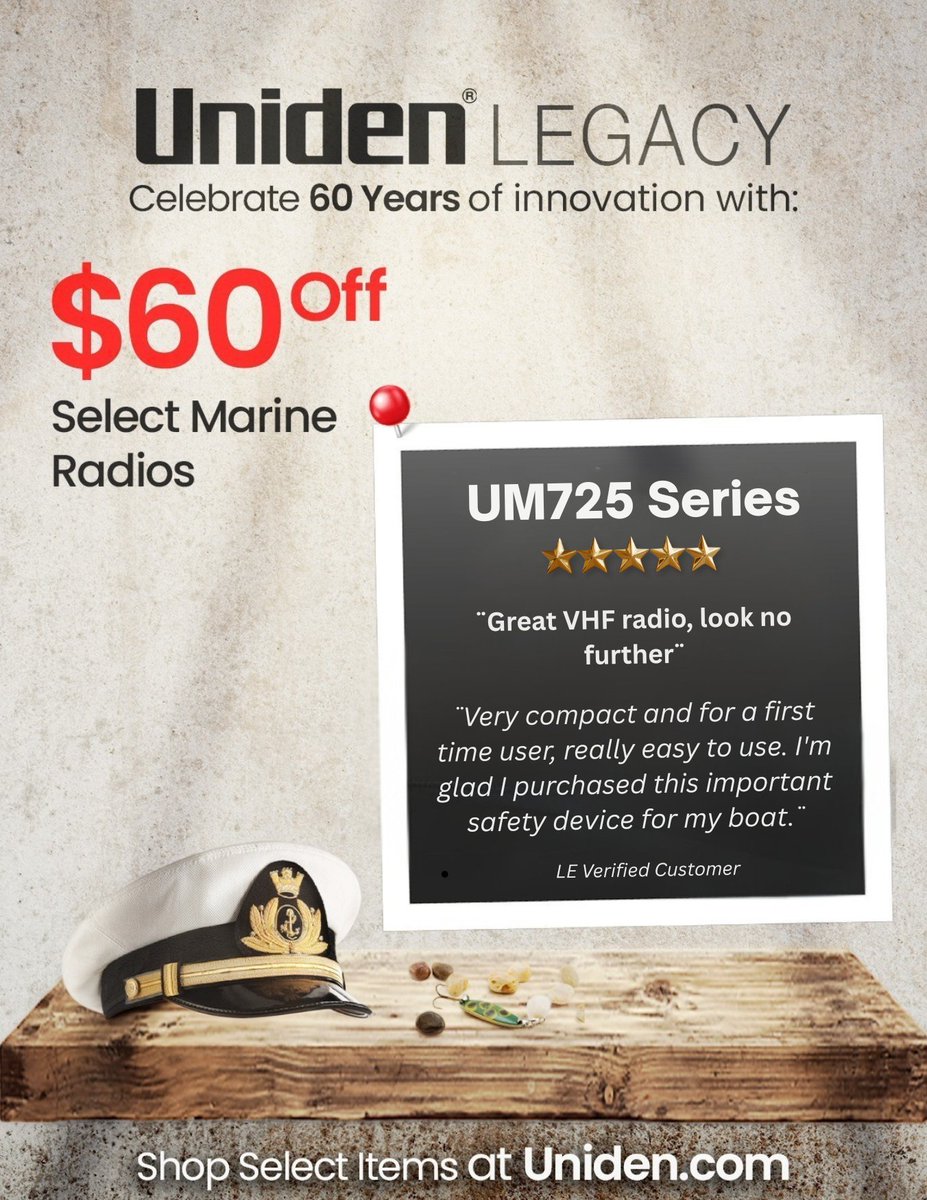 60 years of trusted communication.

Now $60 off select marine radios, including the UM725 Series.

👉 Uniden.com

#Uniden #60Years #VHF