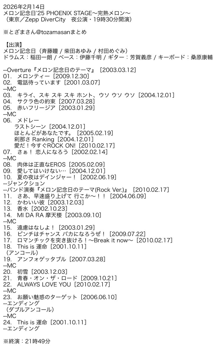 2026年2月14日
メロン記念日’25 PHOENIX STAGE～完熟メロン～
（東京／Zepp DiverCity）

セットリストまとめ