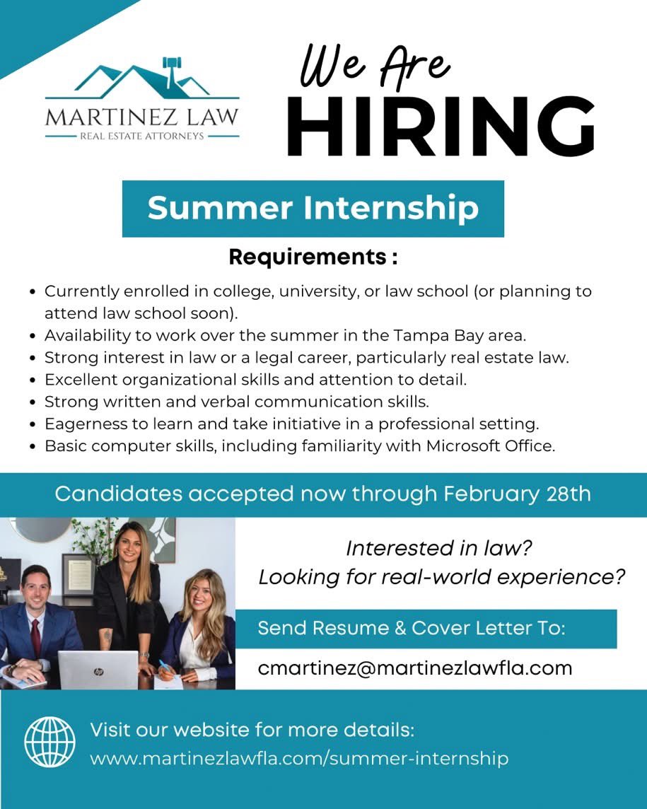 AttorneyCristen's tweet photo. Thinking about a future in law? ⚖️ Martinez Law is now accepting applications for our Summer Internship Program! If you're interested in real estate law and looking for hands-on experience in the Tampa Bay area, we’d love to hear from you. Apply by February 28th!
 #realestatelaw https://t.co/AF9JhBrRpx