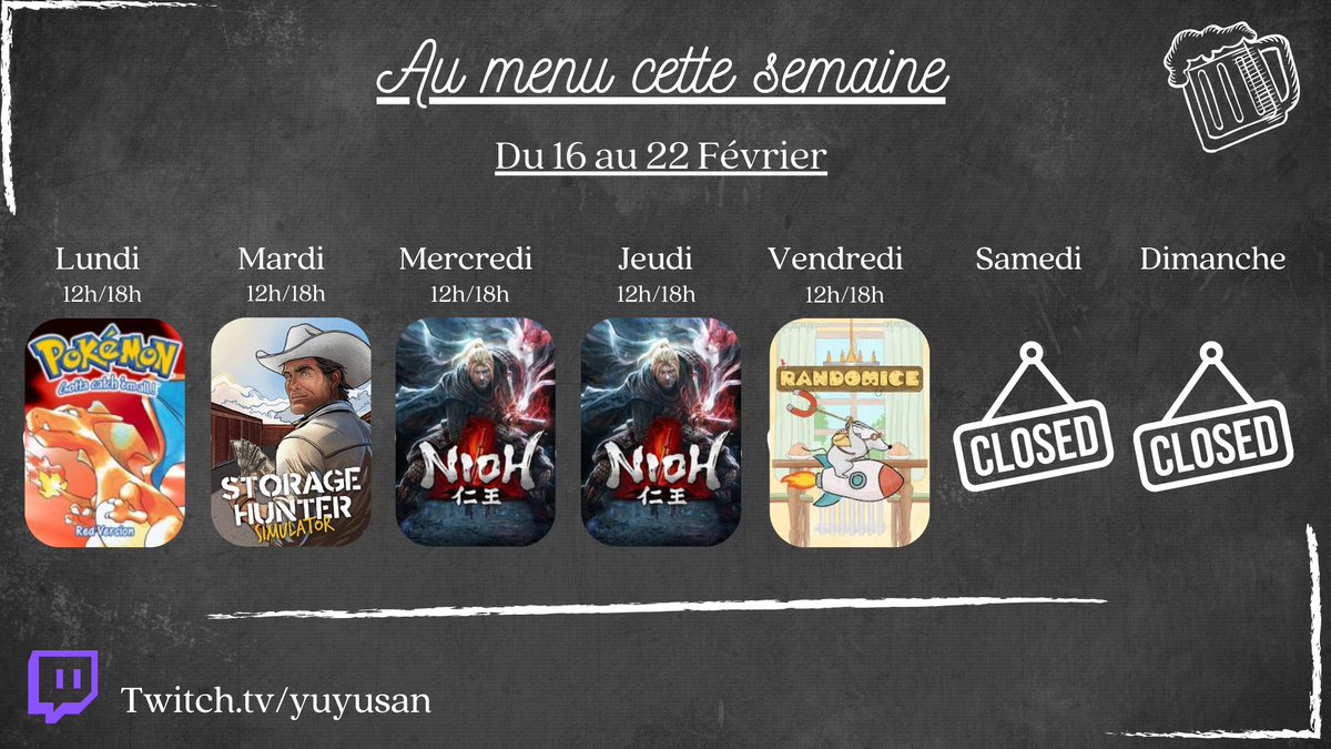 yuyukun85's tweet photo. 🍺Le menu est là #twitch  

Lundi : #PokemonRouge   
Mardi : #StorageHunterSimulator   
Mercredi : #Nioh   
Jeudi : #Nioh   
Vendredi : #Randomice

Bonne semaine à tous❤️
➡️https://t.co/C5iPZystMp https://t.co/weROb8o3uE