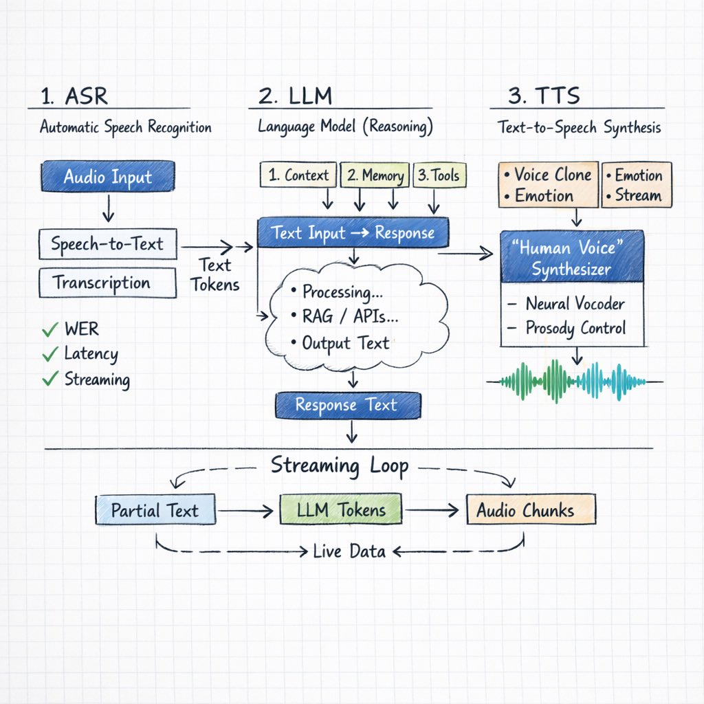 hookvm's tweet image. Most devs don’t understand how Voice AI actually works.

And that’s why they’re missing the biggest UX shift since mobile.

Here’s the real stack behind AI voice agents 👇

(ASR → LLM → TTS)

1/ 🎙 ASR — Speech → Text

Your voice becomes tokens.

Examples:
• OpenAI Whisper
•