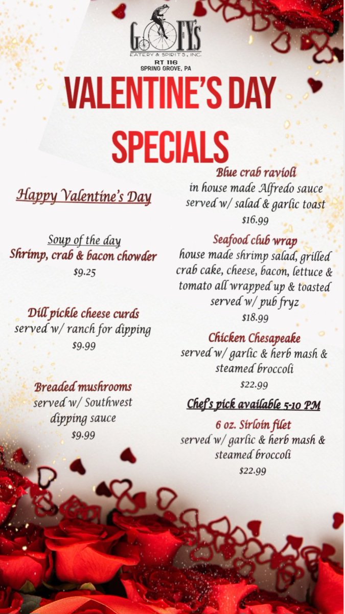 Happy Valentines Day!
February 14th, 2026

We would love the opportunity to serve you today!  Open daily at 11am!