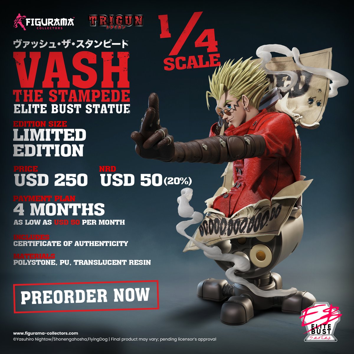 Figurama1's tweet photo. 🎉💥THE WAIT IS OVER – ORDER VASH THE STAMPEDE NOW💥🎉

It is time to capture Vash and elevate your collection!
Preorder now! https://t.co/LAisWb6zrD
~~~~~~~~~~~~~~~~~~~~~~~~~~~~~~~
The most wanted man in Gunsmoke has finally appeared! Secure Vash the Stampede before he makes a break for it!

Whether you are new to Trigun, or an old-time fan, Vash the Stampede Elite Bust captures his core quirks making him a must have for Trigun fans.
~~~~~~~~~~~~~~~~~~~~~~~~~~~~~
Do you already have a spot for him on your shelves? Let us know your shelf plans!

📦Edition Size: Limited
💵 Price: $250
📏 Scale & Size: ¼, Approximately H30cm
🎁 Includes: Certificate of Authenticity
💎 Store Exclusive: Mystery gift for original owners of Vash the Stampede Elite Exclusive 1/4 Statue.
⚒️ Materials: Polystone, PU, Translucent Resin
🪙 Payment Plan: Up to 4 months
💳 Non-refundable deposit: $50 (20%)
📆 Monthly payments: As low as $50/Month
🚚 Estimated release date: Q1 – Q2 2027

#Trigun #VashTheStampede #AnimeStatueRelease #AnimeCollectors #FiguramaCollectors #OrderNow