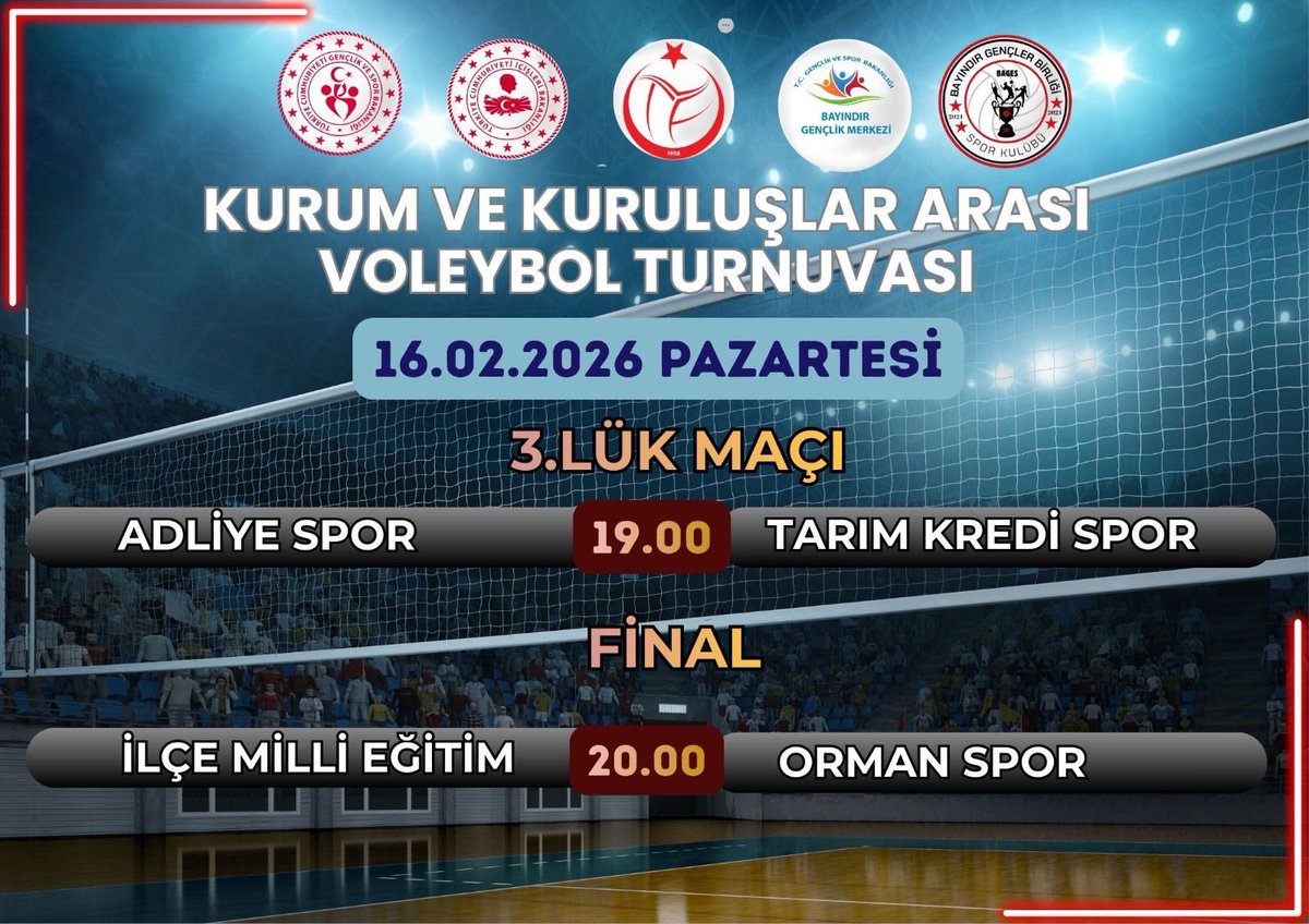 Veeee FİNAL…

Kurumlar arası dostluk, rekabet ve takım ruhunun en güzel örneklerini izleyeceğimiz büyük güne sayılı günler kaldı.

🏐FİNAL GÜNÜNE DAVETLİSİNİZ!🥇🥈
📅 16 Şubat 2026 Pazartesi

🥉3.’lük Maçı – 19.00
Adliye Spor 🆚 Tarım Kredi Spor

🏆Final – 20.00
İlçe Milli