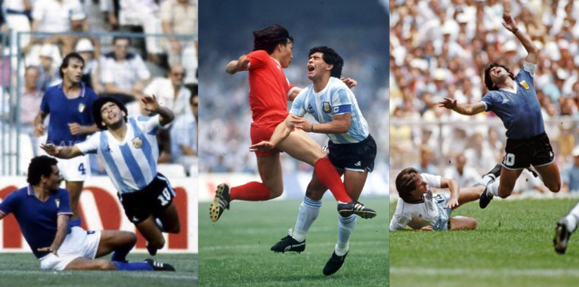 With 53 fouls committed against him in the 1986 World Cup, Maradona was the most fouled player in World Cup history.

Who was the second most fouled? Maradona again, with 50 fouls in the 1990 World Cup.

And the third? Maradona once more, after suffering 36 fouls in the 1982