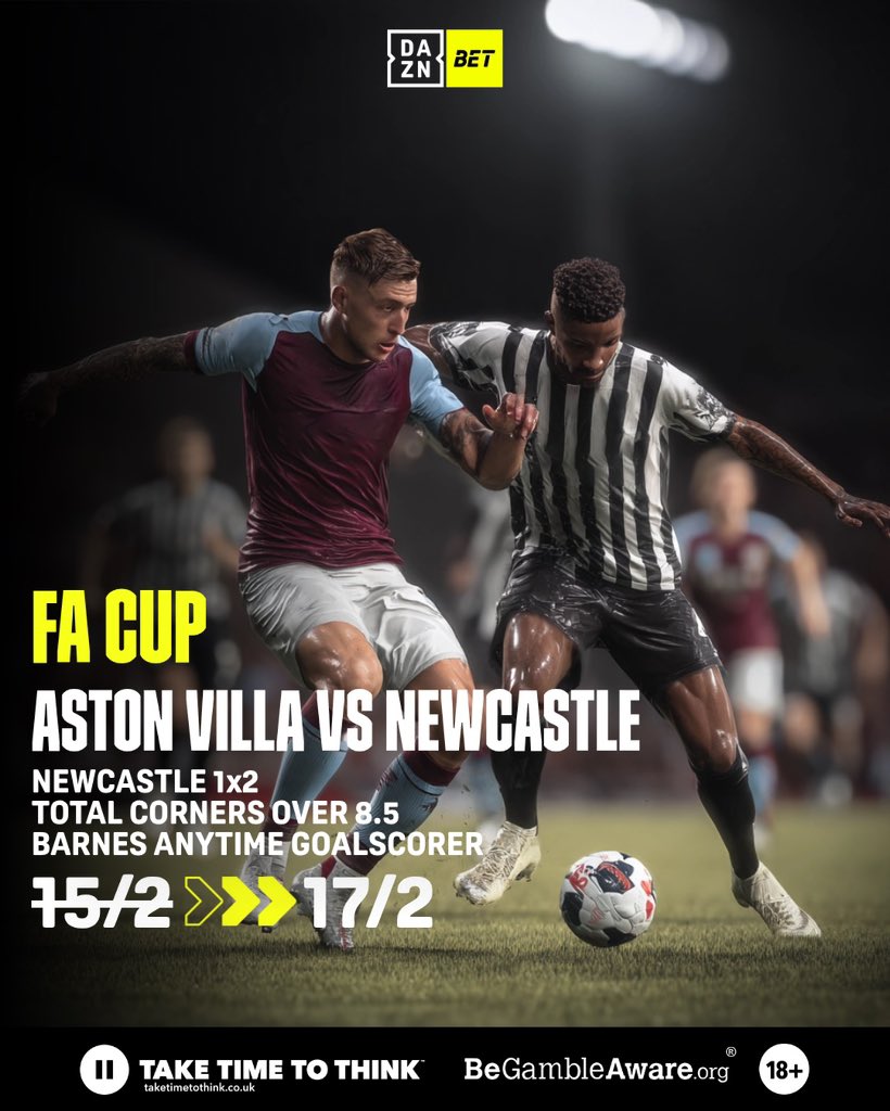 🏴󠁧󠁢󠁥󠁮󠁧󠁿FA Cup 

⚽️Aston Villa 🆚 Newcastle 
🗓️Today, 14 February.

📲Go to DAZN Bet and check the odds.

🔗shorturl.at/DStkk

#dazn #daznbet #facup #astonvilla #newcastleunited