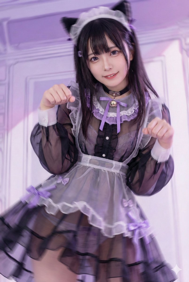 今日の気分は気まぐれな黒猫メイド🐾💜

シースルーの透け感と、首元の鈴がお気に入り。 ちゃんとご主人様のこと、お出迎えできてるかな？

#猫耳メイド #コンカフェ風 #AIイラスト