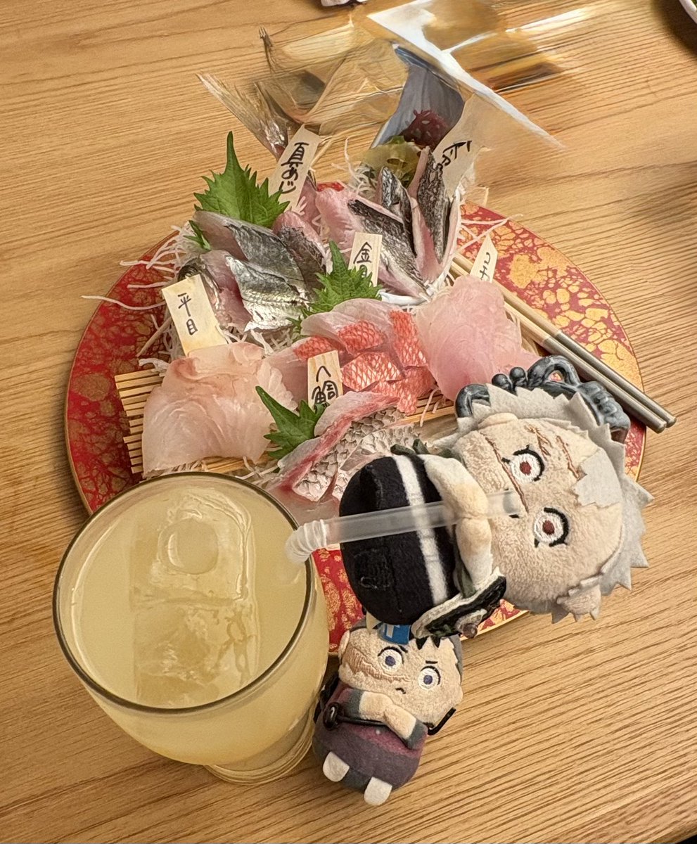 職場の打ち上げで食べる前に写真撮らなくていいの？と言われて撮った刺身盛り合わせ
新人ちゃんに「え？いつもぬい持ってるんですか？」って言われたけど
いつでも持ってるの普通ですよね？そんなに特殊ではないと思うんですが
