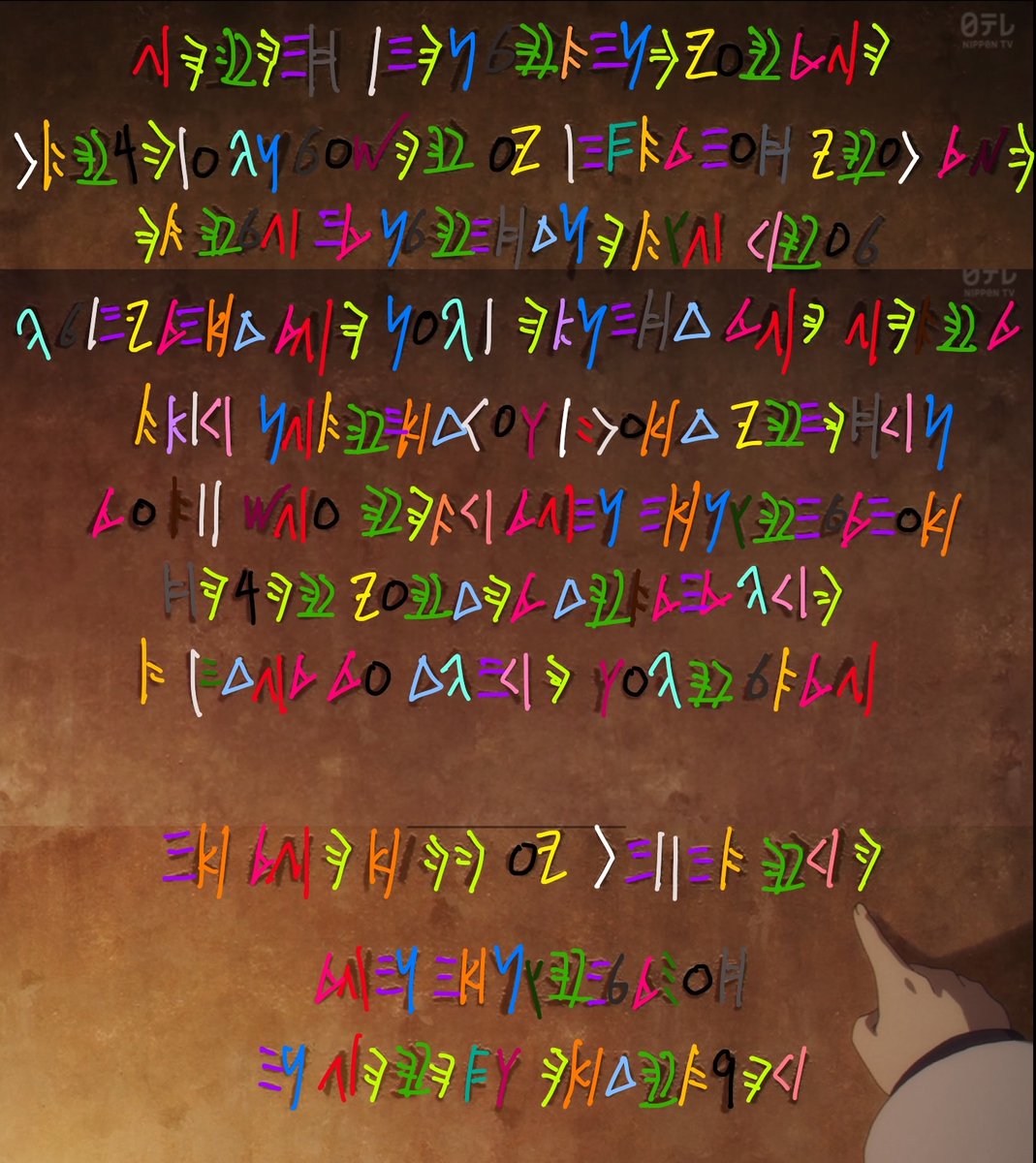 昨日のフリーレンで出てきた碑文を解読できないかなぁと思って考えていました。まだできませんが、これまでの観察を報告します。スクリーンショットをつなげて、文字をなぞってみると、