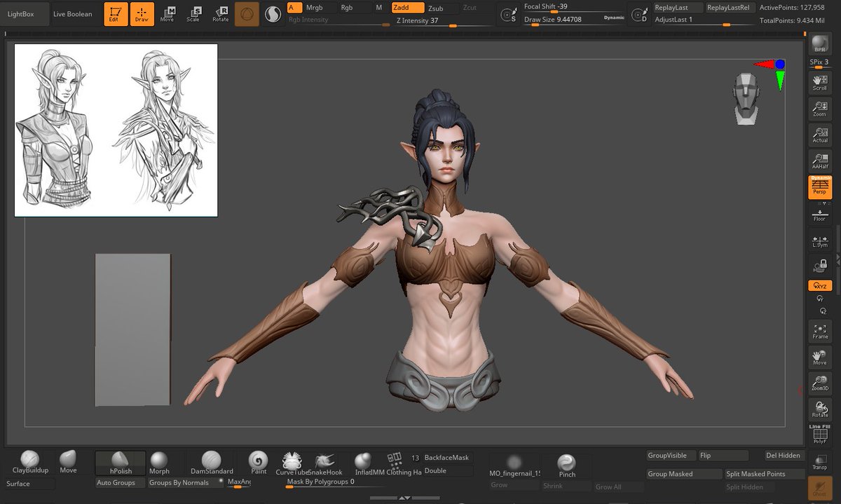 Splanyic's tweet image. Today I finished the base for the dagger and sculpted the leaves for the cloak — I’ll bake them later during the texturing stage.
Just a bit more polish on the high-poly meshes, and then I can finally move on to retopology 🐸
#3D #art #divinity2 #zbrush #wip