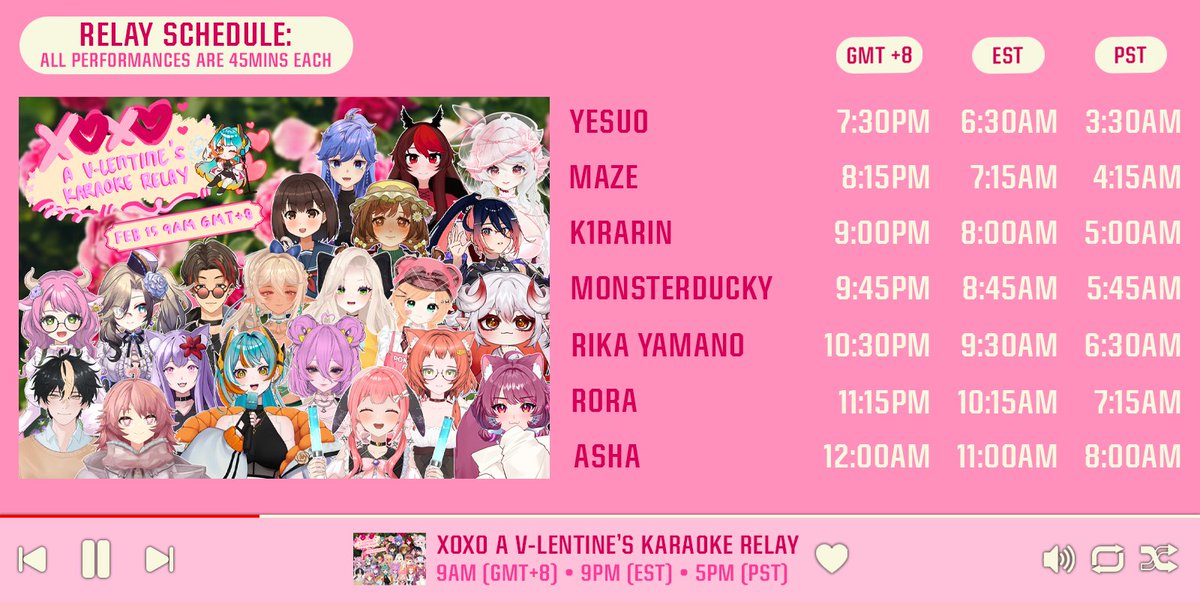 🌟XOXO: KARAOKE RELAY SCHEDULE🌟

Here it is ~! A serenade from us to all of you ⸜(｡˃ ᵕ ˂ )⸝♡

📅: FEBRUARY 15, 2026
🕘: 9AM (GMT+8)  // 8PM (EST) // 5PM (PST)

✨🩷